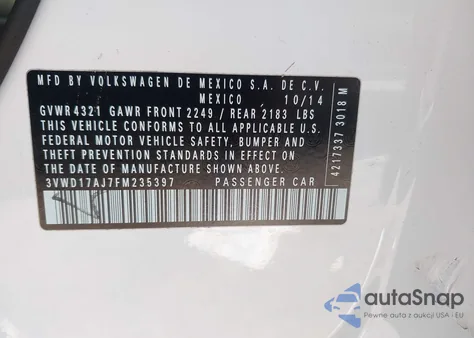 2015 Volkswagen Jetta 1.8T Se из США, поврежденный, VIN 3VWD17AJ7FM235397